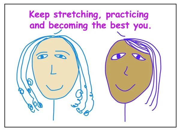 Color Cartoon Two Smiling Ethnically Diverse Women Saying Keep Stretching — Stock Photo, Image