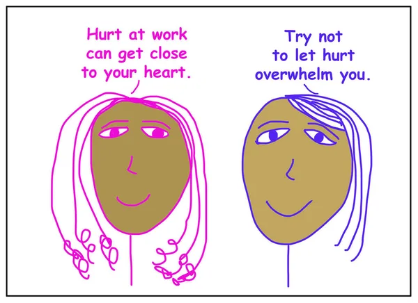 两位非洲裔美国女性的彩色卡通片说 工作互动中的伤害会触动你的心 不会让这种伤害压倒你 — 图库照片