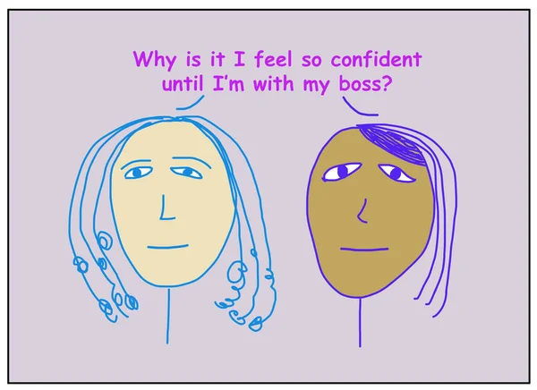 2人の民族的に多様なビジネス女性の色の漫画彼らは上司と一緒になるまで なぜ彼らは自信を持っているか尋ねる — ストック写真