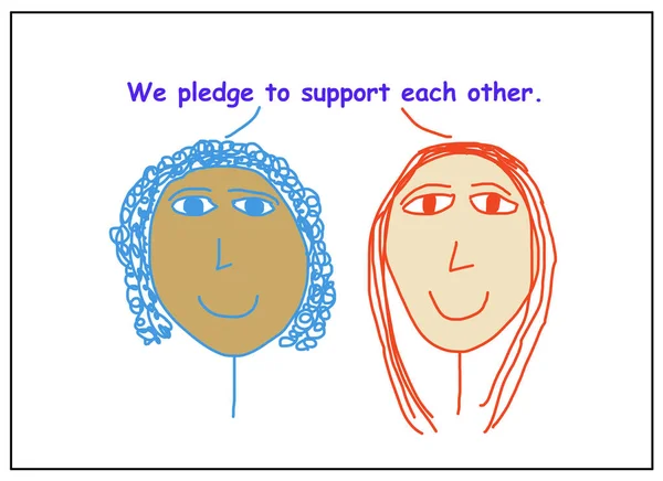 Color cartoon of two smiling, ethnically diverse women stating they pledge to support each other.
