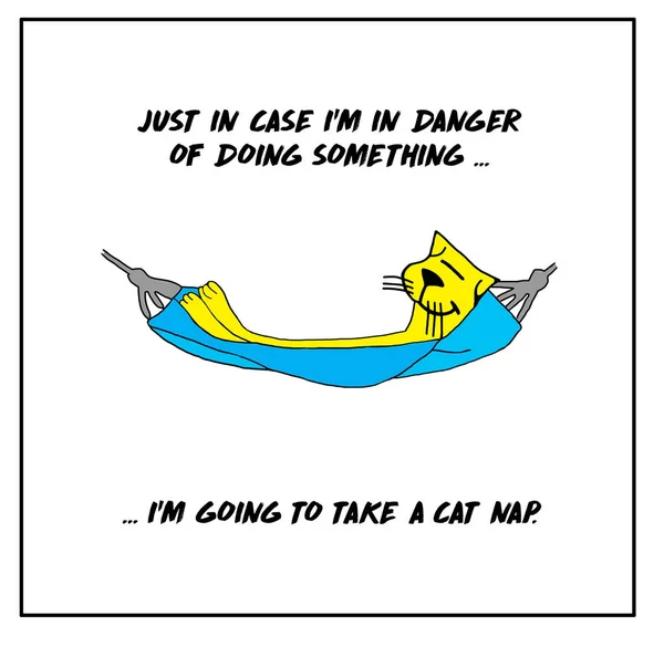 彩色卡通片 一只笑着的猫躺在吊床上说 以防万一 可能会做一些事情 让猫打盹 — 图库照片