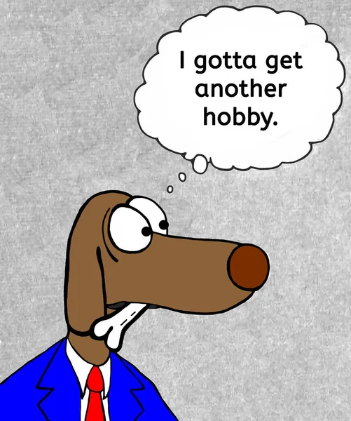 商业狗咬骨头的彩色卡通片 认为他必须有新的爱好 — 图库照片
