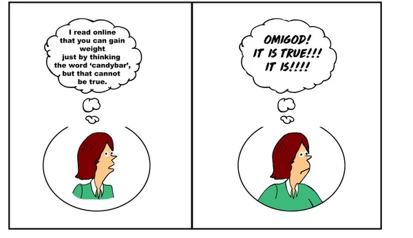 Color cartoon strip about a woman saying she cannot possibly gain weight just by thinking the word candybar, then realizing it is true, she has gained weight.