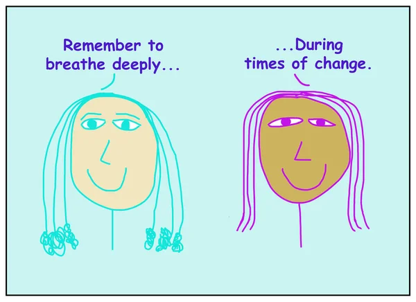 Color Cartoon Two Smiling Ethnically Diverse Women Stating Breathe Deeply — Stock Photo, Image