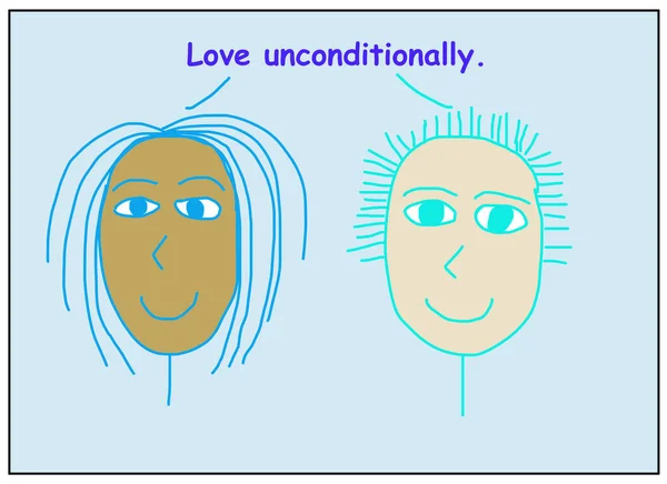 Dibujos Animados Color Dos Mujeres Sonrientes Étnicamente Diversas Diciendo Amor —  Fotos de Stock