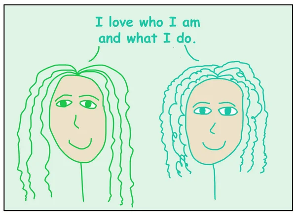 Έγχρωμη Γελοιογραφία Δύο Χαμογελαστών Γυναικών Που Δηλώνουν Ότι Αγαπώ Αυτό — Φωτογραφία Αρχείου