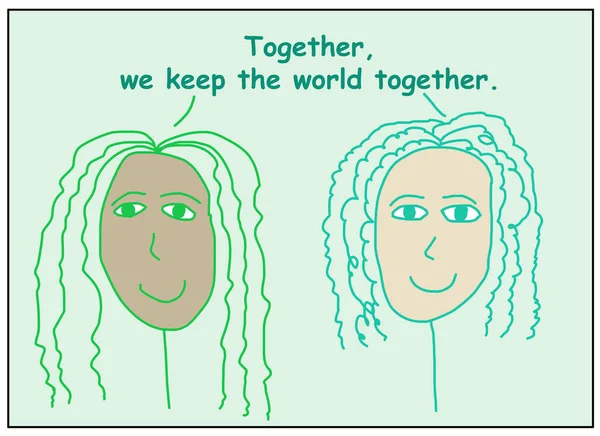 Barva Karikatury Dvou Usmívajících Etnicky Různorodých Žen Říká Společně Udržujeme — Stock fotografie