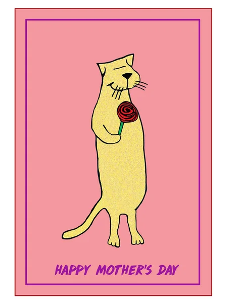 Color Cartoon Cat Giving Red Rose Mother Signifiying Happy Mothers — Stock Photo, Image