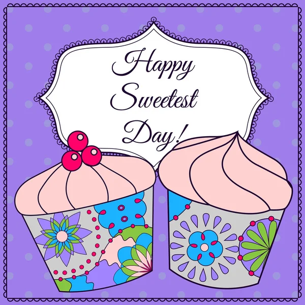 Feliz cartão de dia mais doce com cupcake —  Vetores de Stock