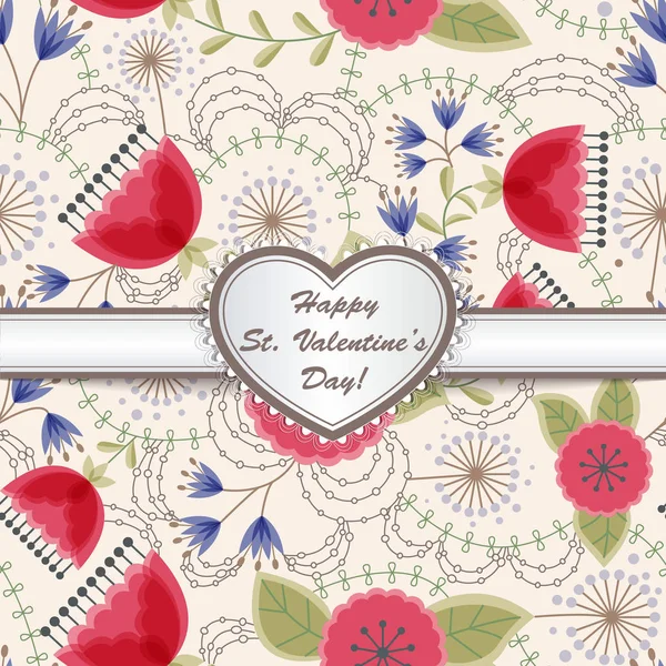 Happy St Valentines day card with heart on ribbon — стоковый вектор