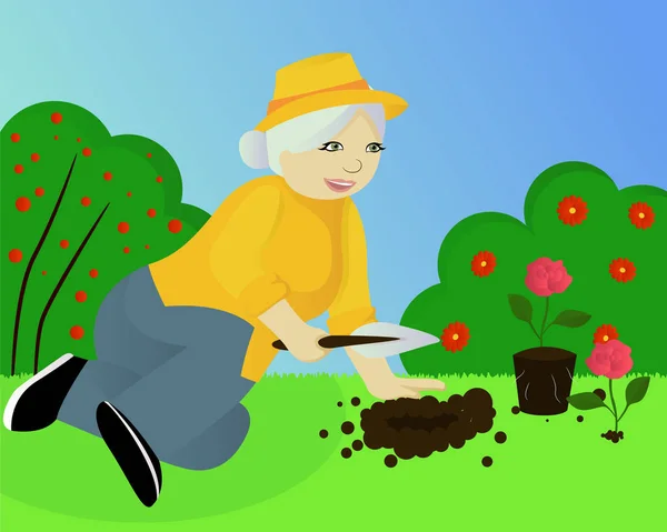 Granny in the garden — Stock Vector