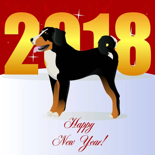 Gott nytt år kort med Apenzeller sennenhund — Stock vektor