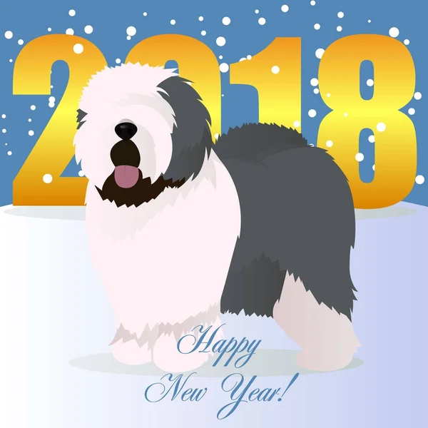 Felice anno nuovo carta con vecchio cane da pastore inglese — Vettoriale Stock
