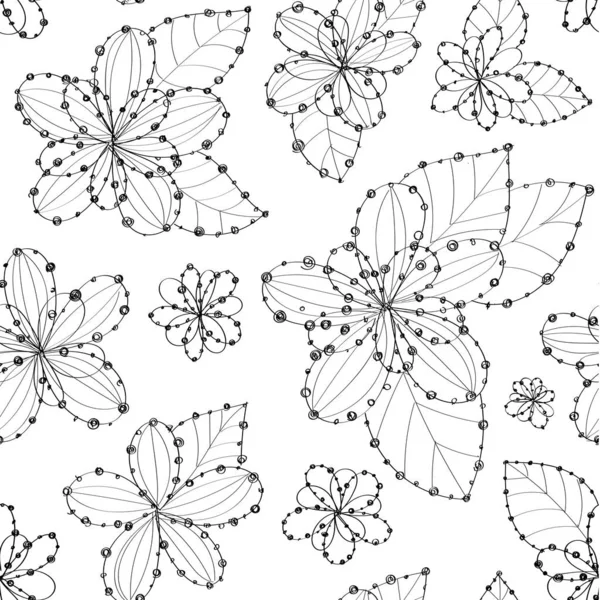 Handritning mönster med blommor och blad. Punkter på konturen — Stock vektor