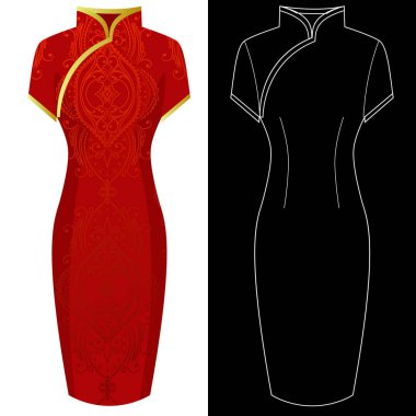 Cheongsam siyah üzerine beyaz çizgili silueti olan elbise resmi