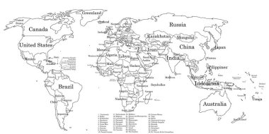Contour world map with countries names clipart