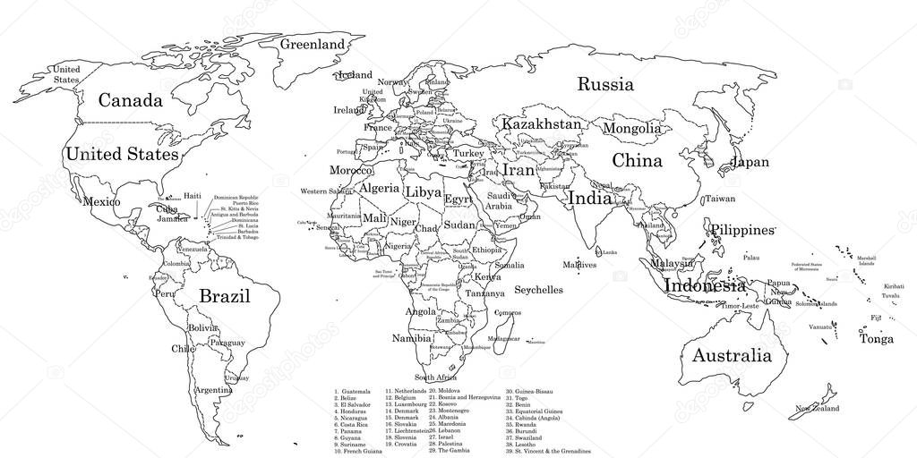 Mapa del mundo de contorno con nombres de países Vector de stock por ©Marishayu 322890042