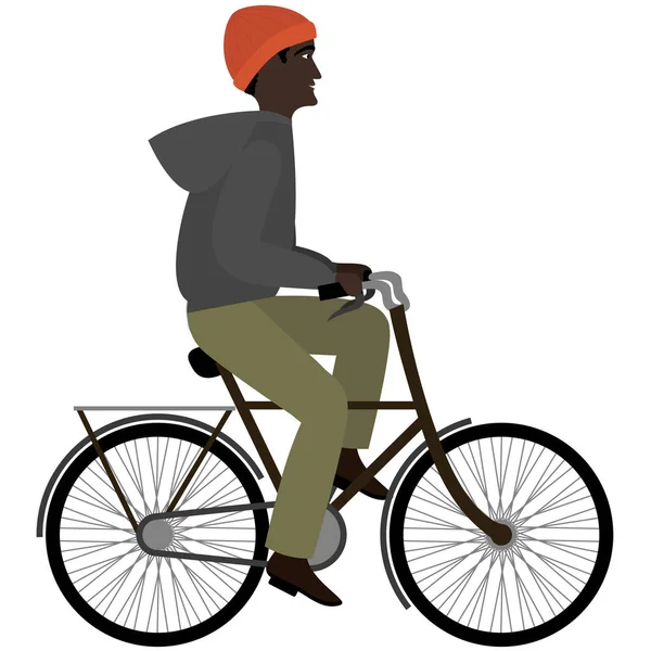 Черный мужчина ездит на велосипеде в теплой одежде. Плоская иллюстрация — стоковый вектор