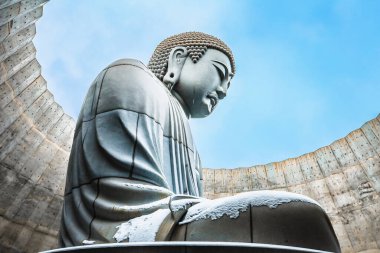 Sapporo, Hokkaido, Japonya - Aralık 2019: Buda Tepesi 'ndeki Büyük Buda. Buda Tepesi, Sapporo 'daki en popüler seyahat yerlerinden biridir. Makomanai Takino Mezarlığı 'nda Tadao Ando.