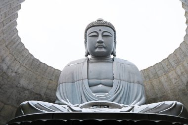 Sapporo, Hokkaido, Japonya - Aralık 2019: Buda Tepesi 'ndeki Büyük Buda. Buda Tepesi, Sapporo 'daki en popüler seyahat yerlerinden biridir. Makomanai Takino Mezarlığı 'nda Tadao Ando.