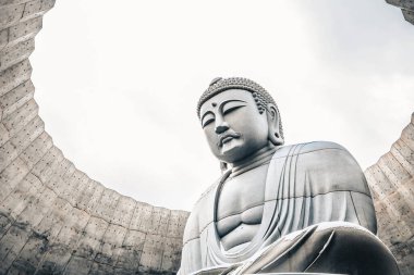 Sapporo, Hokkaido, Japonya - Aralık 2019: Buda Tepesi 'ndeki Büyük Buda. Buda Tepesi, Sapporo 'daki en popüler seyahat yerlerinden biridir. Makomanai Takino Mezarlığı 'nda Tadao Ando.