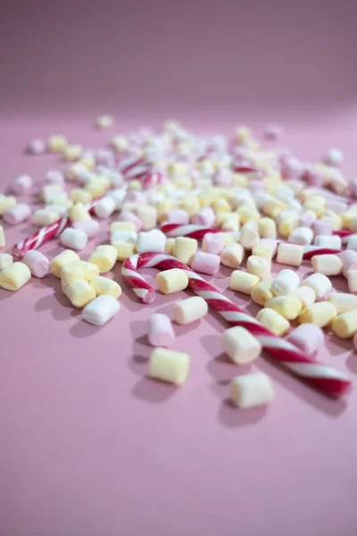 Close-up on tiny marshmallows and Christmas candy canes — Stock Photo, Image