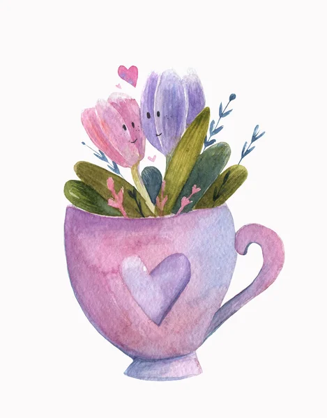 Watercolor Tulips Love Cup — Stock Photo, Image