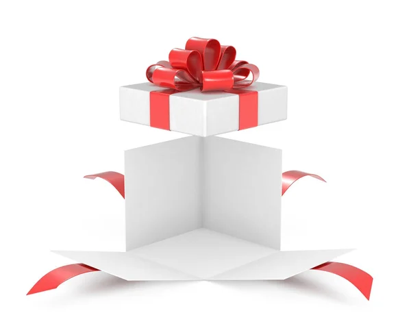 Caixa de presente aberta, caixa de presente com arco de fita vermelha — Fotografia de Stock
