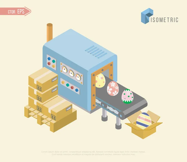 Transportörer som packar paket. Vektor Påskägg 3D isometriskt koncept. Transportörfabrik, transport distribution, industri transportör illustration av ägg. — Stock vektor