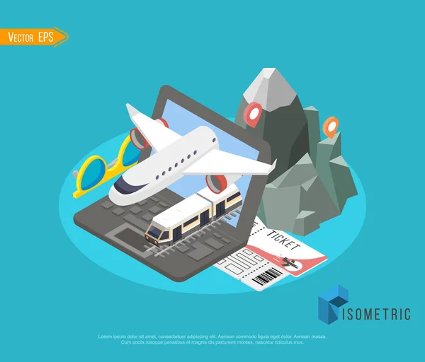 Utazási és turisztikai háttér. Online jegyek vásárlása vagy foglalása. Utazás, üzleti járatok világszerte. Lapos 3d izometrikus. — Stock Vector