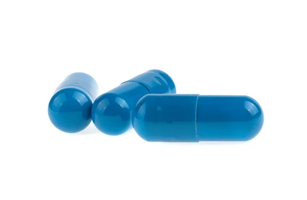 Três Comprimidos Azuis Isolados Sobre Fundo Branco — Fotografia de Stock
