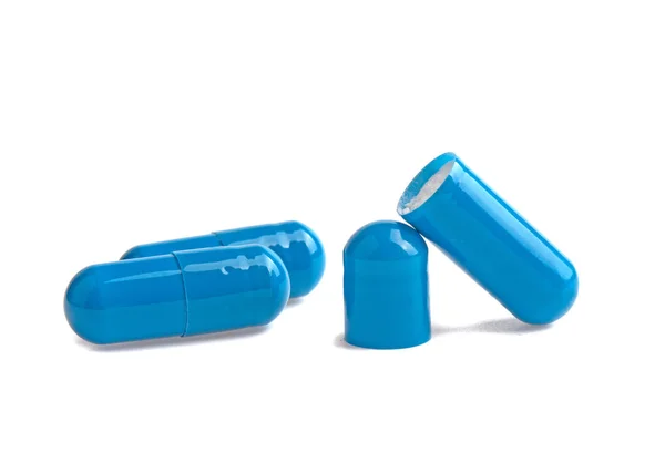 Três Cápsulas Azuis Medicamento Aberto Isolado Sobre Fundo Branco — Fotografia de Stock