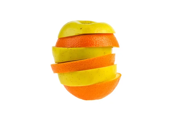 Grüner Apfel Und Orange Scheiben Geschnitten Isoliert Auf Weißem Hintergrund — Stockfoto
