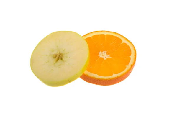 Φέτες Από Πράσινο Μήλο Και Πορτοκάλι Που Απομονώνονται Λευκό Φόντο — Φωτογραφία Αρχείου
