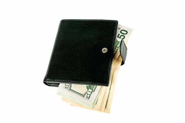 钱包和美元在白色背景上 — 图库照片