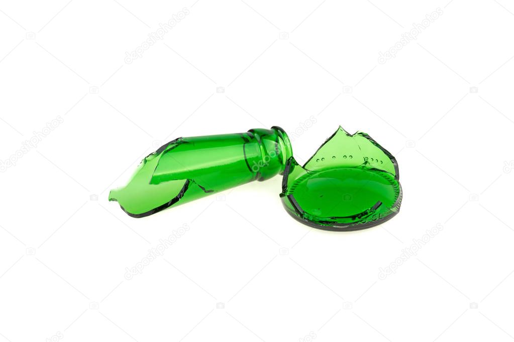 broken glass bottle green isolated on white background