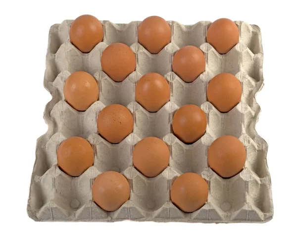 Ovos Galinha Uma Bandeja Padrão Tabuleiro Xadrez Fundo Branco — Fotografia de Stock