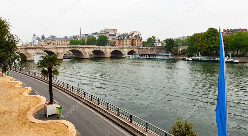 Seine River north bank and Pont Neuf (bridge), Paris, France