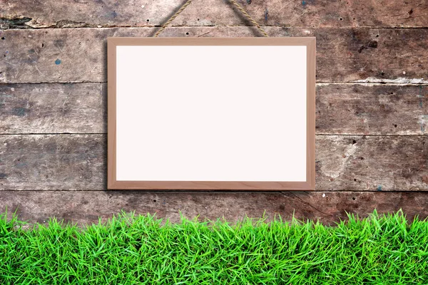 Grunge vintage wood wall with white board — Stock Photo, Image