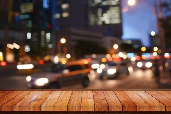 Wood panel desk with city life scene — Stock Photo, Image