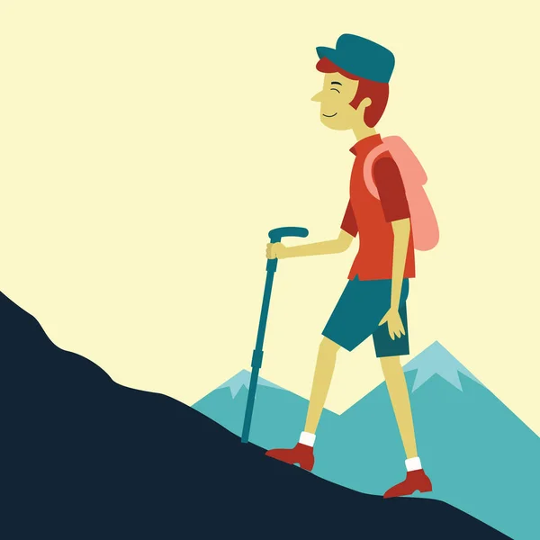 Adam dağda mutlu hissederek hiking — Stok Vektör