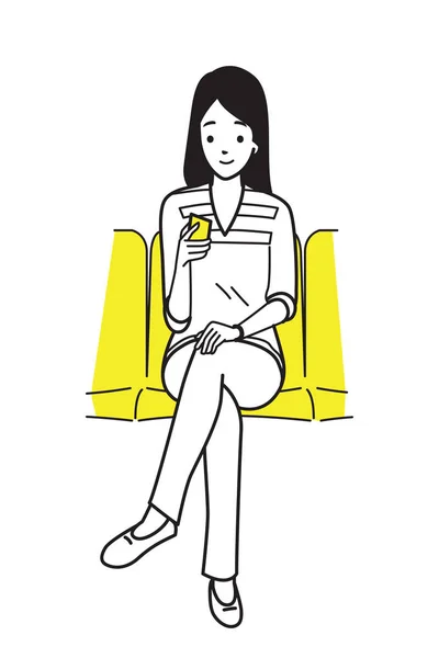 Jeune femme utilisant un smartphone dans le métro — Image vectorielle