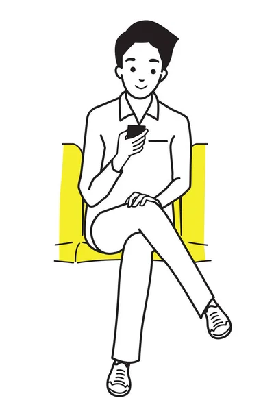 Jeune homme utilisant un smartphone dans le métro — Image vectorielle