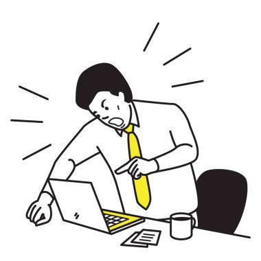 Vektör çizim bağırarak ve ekran laptop çalışma masasının üzerindeki çığlık sinirli ve öfkeli bir işadamı. Anahat el çizmek çizim tasarım, basit tarzı. 