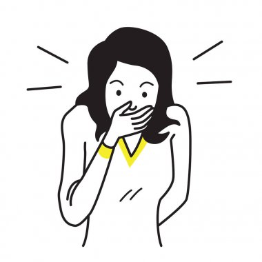 Vektör çizim karakter genç kadın, yüzü ve ağız, kapsayan geniş gözler açık, el hareketi Oops ifade ile ile. Anahat el çizmek çizim tasarım, basit tasarımı.