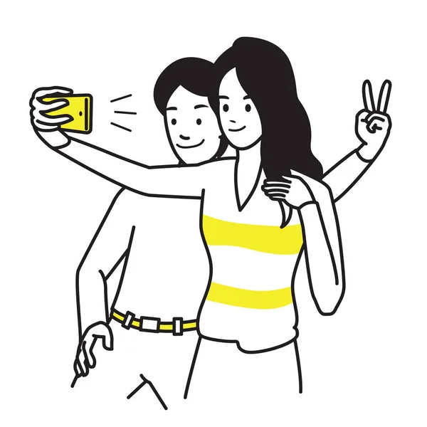 Selfie の恋人カップル 若い男と女 スマート フォンを持って笑顔と幸福と Selfie 写真のベクトル イラスト肖像画文字 概要手描スケッチ スタイル — ストックベクタ