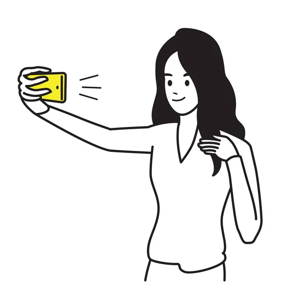 Selfie Flicka Vektor Illustration Karaktär Vacker Kvinna Glad Och Leende — Stock vektor
