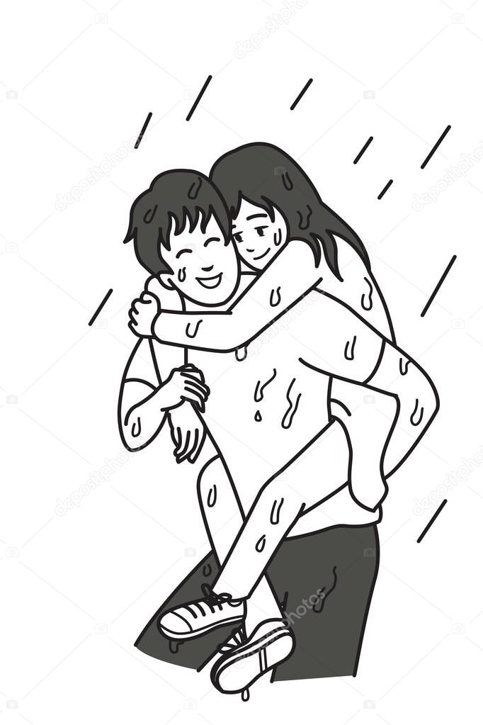 Man carry his girlfriend on his back among rainy day, cartoon illustration of relationship concept in always supporting and helping in any bad day or situation. Outline hand draw sketching design, black and white tone style.