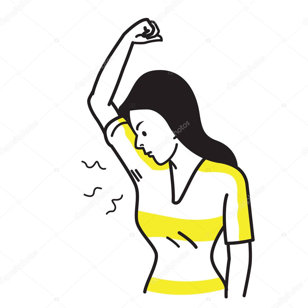 Vector illustration character of woman sniffing and smelling her bad smell wet armpit. Bad feeling facial emotion expression. Outline hand draw sketching simple style.