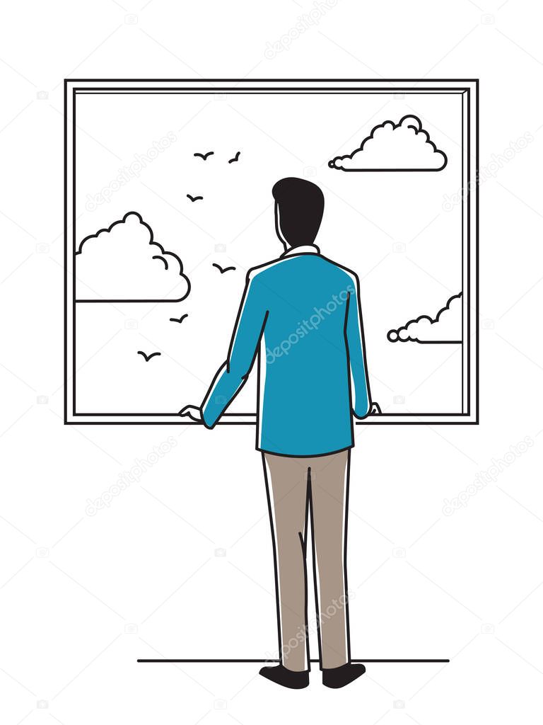 Businessman, suite man, looking out through window to relax, thinking, seeing bright sky with white cloud and flying birds. Concept of positivity. Outline hand drawing style.